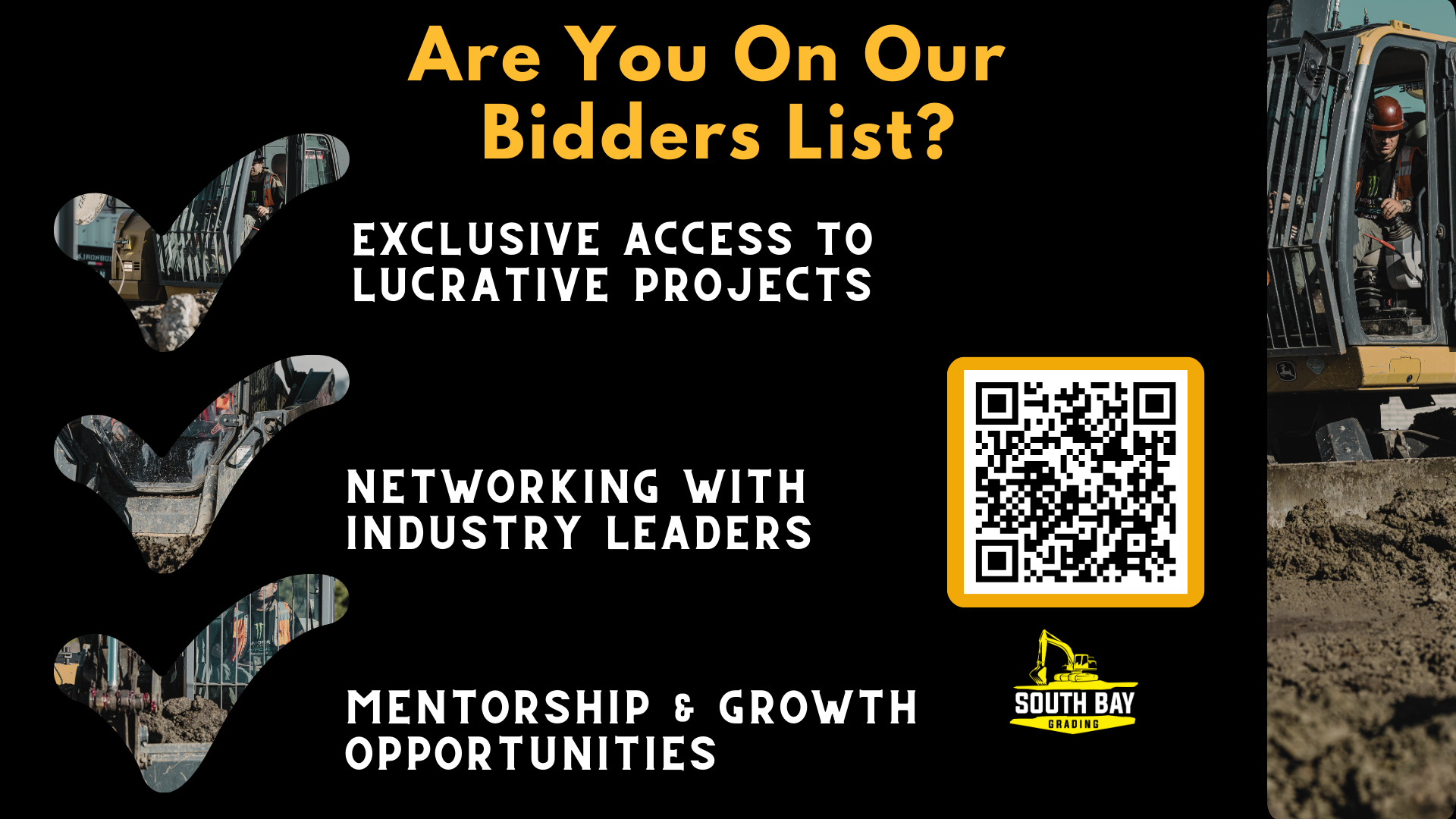 Scan this QR code to join the South Bay Grading bidders list and receive updates on upcoming projects. Partner with SBG for top-quality grading and construction opportunities throughout the Bay Area—connect with industry leaders and grow your business!